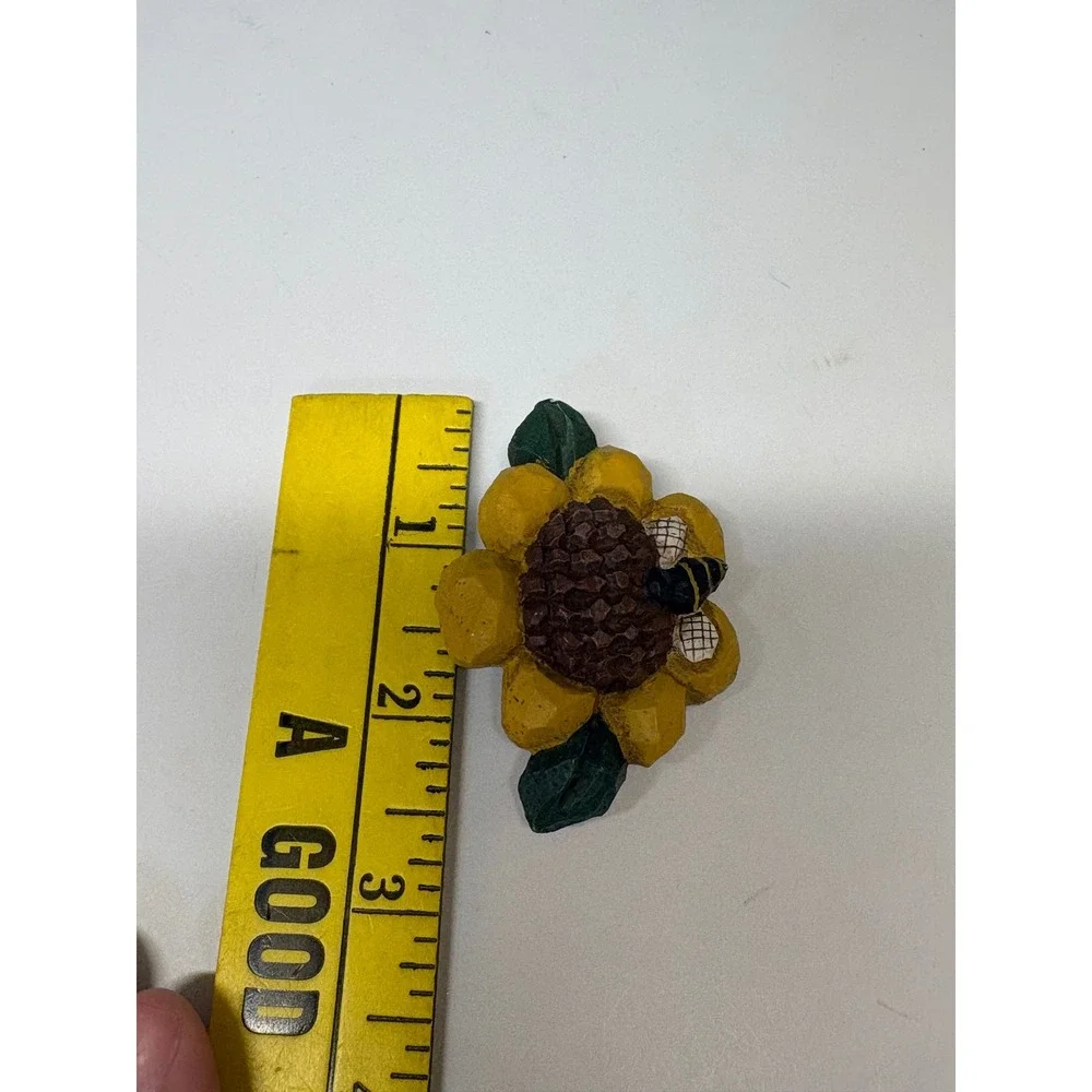 Signed Eddie Hand Carved Wooden Sunflower Bumblebee Brooch Yellow Folk Art Pin